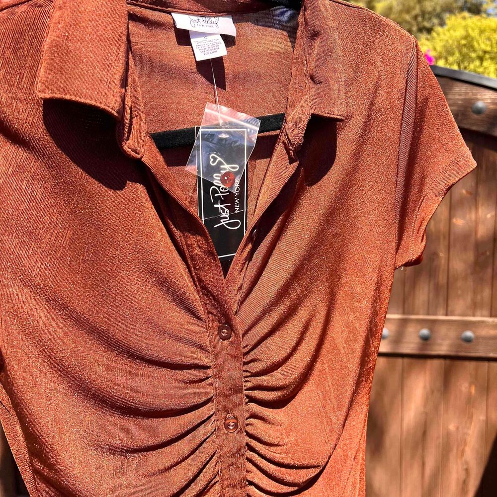 Just Polly Dress NWT Slinky Ruched Button Down Burnt Orange Brown Size Small - Picture 7 of 8
